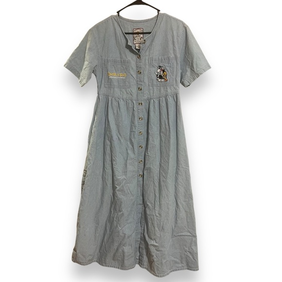 Vintage Denim Maxi Dress with Looney Tunes Tweety Bird and Sylvester Embroidery - Picture 2 of 9